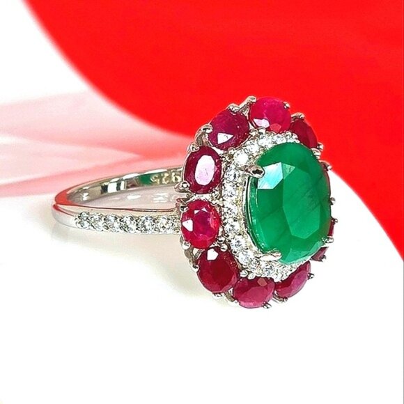 925 Sterling Silver Ring with Natural Emerald 11x8mm & Ruby Gemstone - Picture 5 of 16